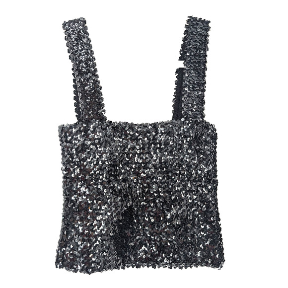 Black Sequin Square Neck Stretch Knit Glam Sparkly Whimsigoth Fairy Bling Tank - Picture 3 of 8